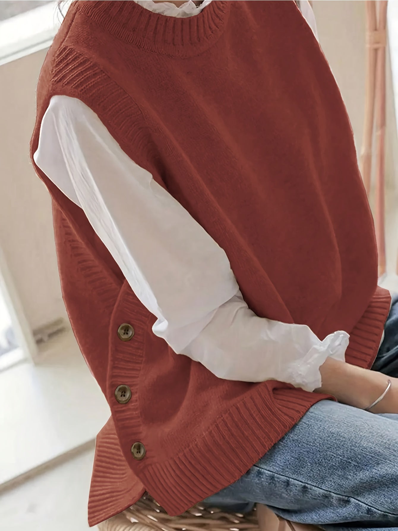 Comfortable Ribbed Knit Sweater Vest for Women with Mock Neck Sleeveless Side Button Relaxed Style