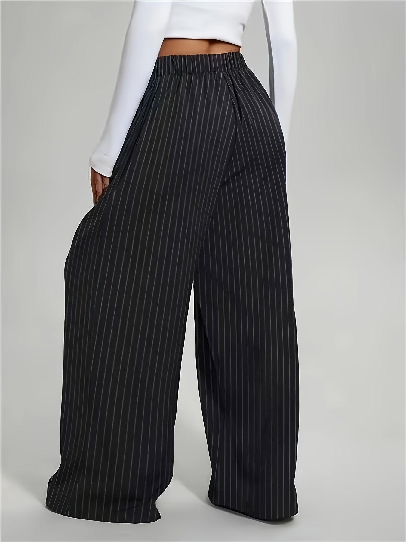 Effortless Black Pinstripe Wide Leg Pants for Women with High Waist Pleated Relaxed Tailored Style