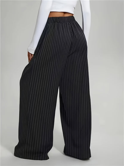 Effortless Black Pinstripe Wide Leg Pants for Women with High Waist Pleated Relaxed Tailored Style