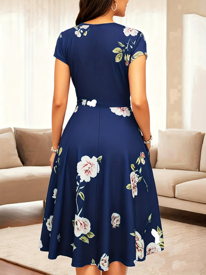 Western Foreign Trade Cross-Border Women'S V-Neck Vintage Ladies Casual Elegant Temperament Flared Knee-Length Pocket Dress
