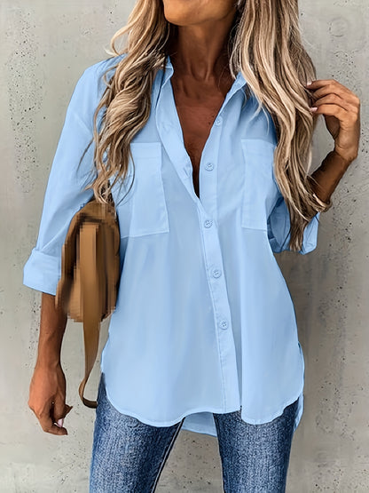 Solid Color Button-Up Long Sleeve Shirt for Women