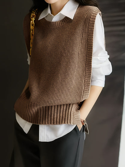 Comfortable Ribbed Sweater Vest for Women with Crew Neck Sleeveless Oversized Knit Style