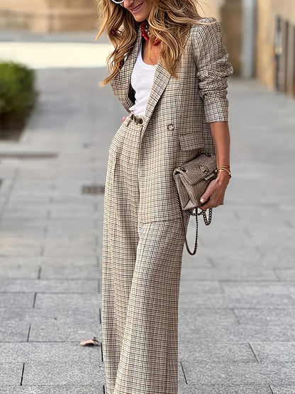 Elegant Plaid Two Piece Set for Women with Lapel Collar Double Breasted Blazer Wide Leg Pant Formal Style