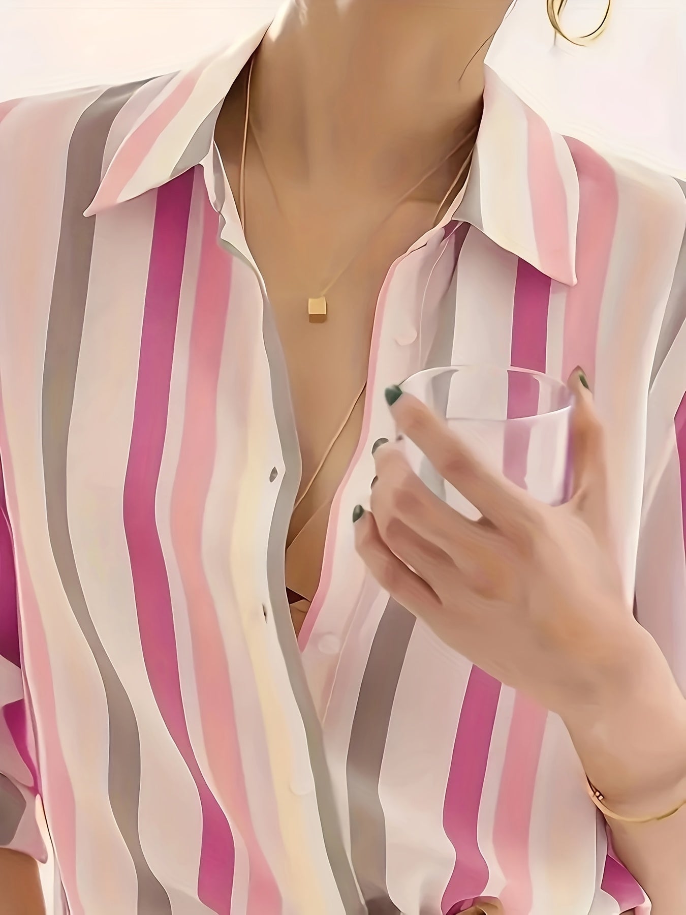 Effortless Striped Chiffon Blouse for Women with Collar Long Sleeve Button Front Relaxed Silky Style