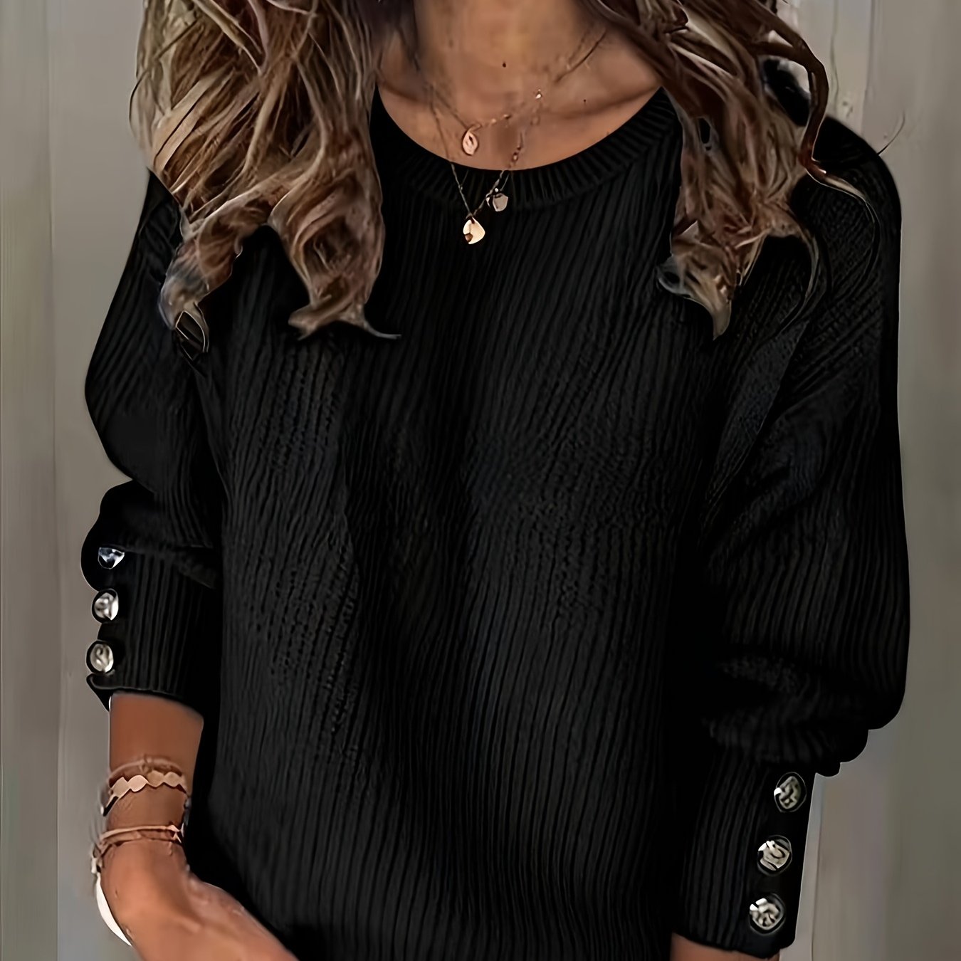 2025 New Style, Women'S Comfortable White Pullover Sweater with Faux Button Details - Long Sleeves, Loose Fit, Ribbed Texture, Perfect for Autumn And Winter, Casual Style, Casual Winter Wear | Relaxed Fit Sweater | Pullover Sweater