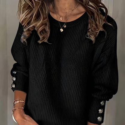 2025 New Style, Women'S Comfortable White Pullover Sweater with Faux Button Details - Long Sleeves, Loose Fit, Ribbed Texture, Perfect for Autumn And Winter, Casual Style, Casual Winter Wear | Relaxed Fit Sweater | Pullover Sweater