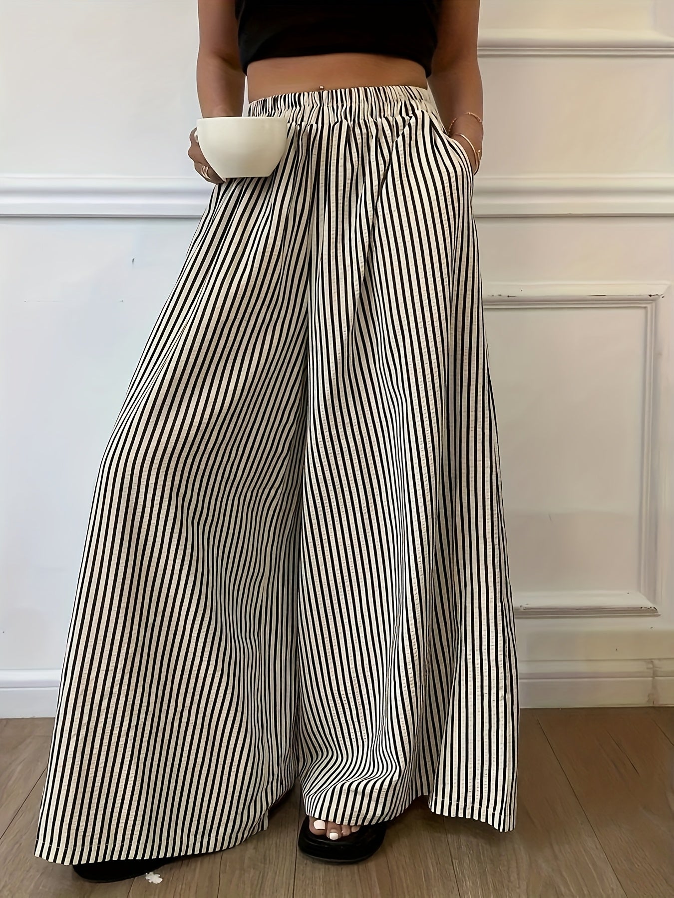 Effortless Apricot Striped Wide Leg Pants for Women with High Waist Elastic Waistband Flowing Relaxed Style