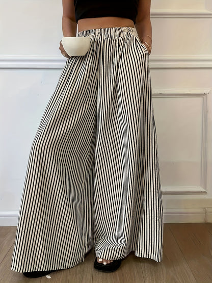 Effortless Apricot Striped Wide Leg Pants for Women with High Waist Elastic Waistband Flowing Relaxed Style