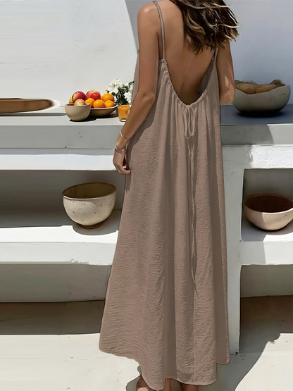 Effortless Textured Maxi Dress for Women with Backless Spaghetti Strap Drawstring Flowing Bohemian Style