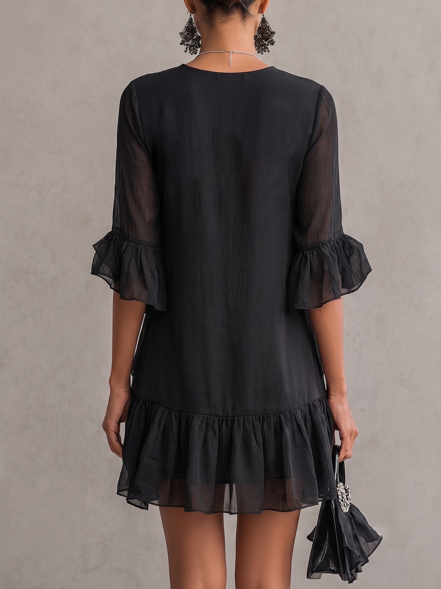 Elegant Black Ruffle Mini Dress for Women with V Neck Bell Sleeve Lace Trim Flowing Style