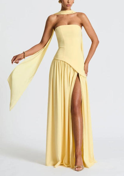 Elegant Satin Maxi Dress for Women with Strapless Scarf Drape High Slit Flowing Formal Wedding Guest Style