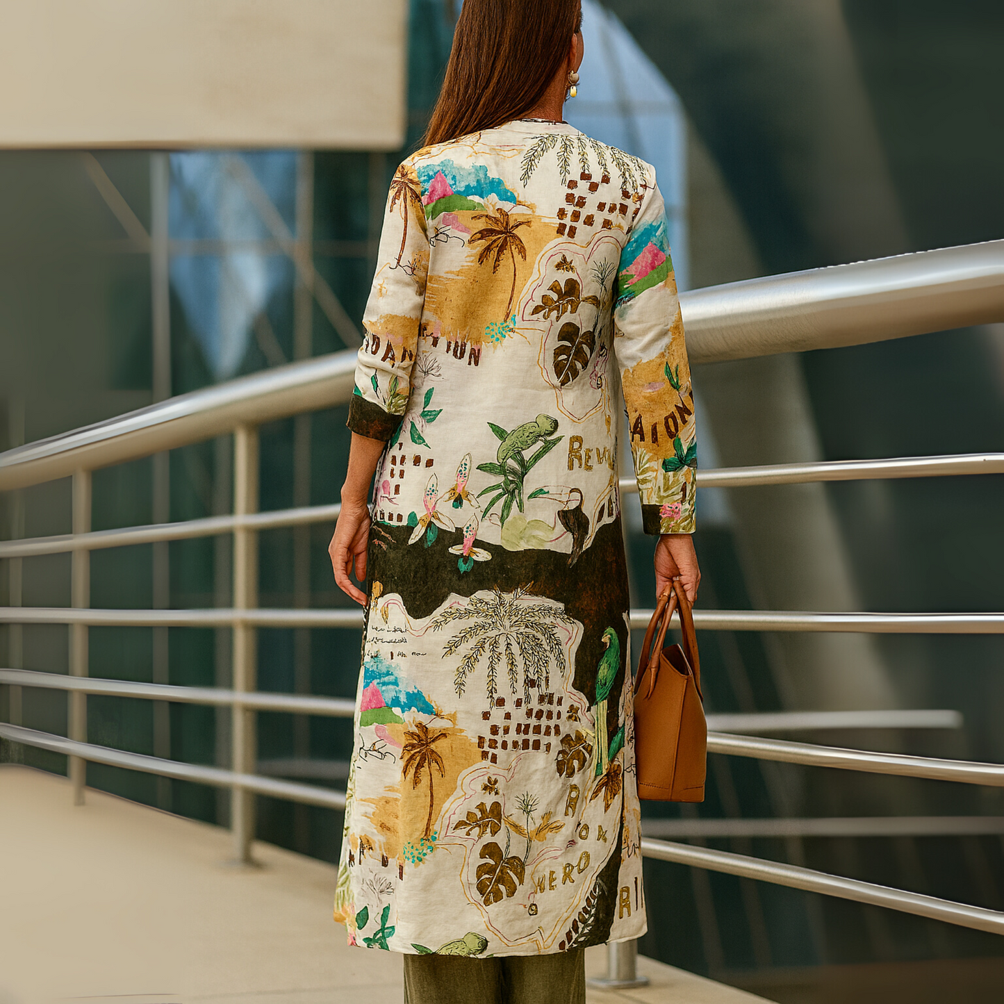 Effortless Tropical Print Two Piece Set for Women with Button Front Duster Wide Leg Pant Boho Style