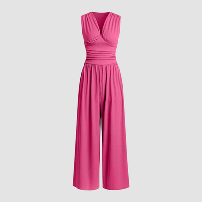 Effortless Ribbed Wide Leg Jumpsuit for Women with V Neck Sleeveless Ruched Waist Flowing Style