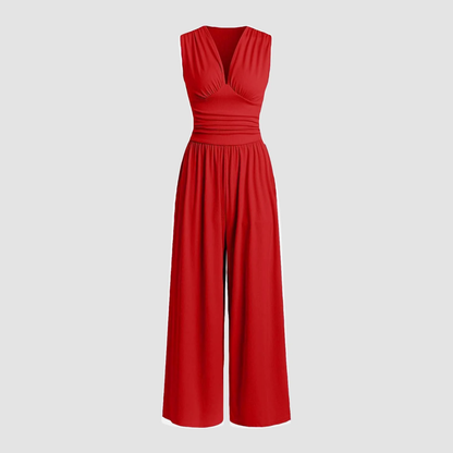 Effortless Ribbed Wide Leg Jumpsuit for Women with V Neck Sleeveless Ruched Waist Flowing Style