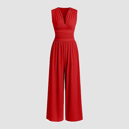 Effortless Ribbed Wide Leg Jumpsuit for Women with V Neck Sleeveless Ruched Waist Flowing Style