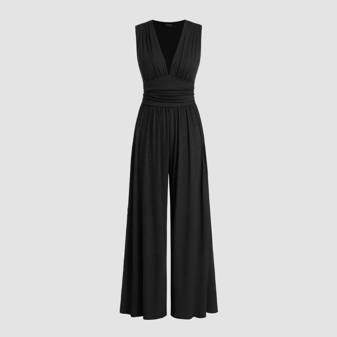 Effortless Ribbed Wide Leg Jumpsuit for Women with V Neck Sleeveless Ruched Waist Flowing Style