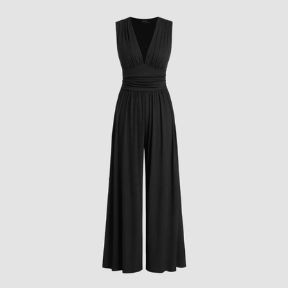 Effortless Ribbed Wide Leg Jumpsuit for Women with V Neck Sleeveless Ruched Waist Flowing Style