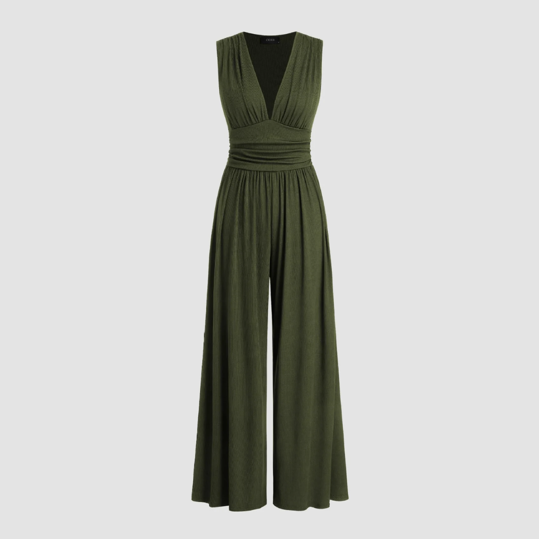Effortless Ribbed Wide Leg Jumpsuit for Women with V Neck Sleeveless Ruched Waist Flowing Style