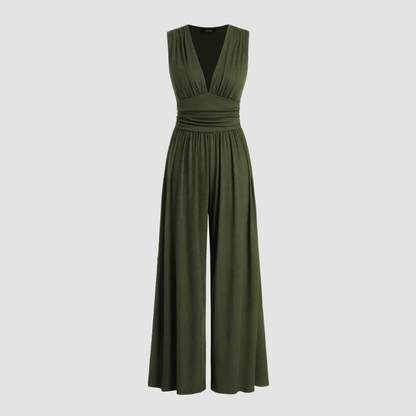 Effortless Ribbed Wide Leg Jumpsuit for Women with V Neck Sleeveless Ruched Waist Flowing Style