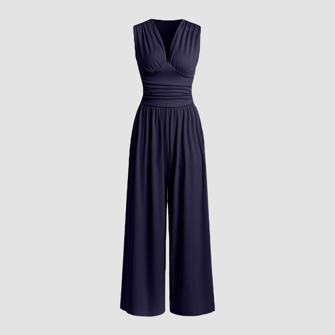 Effortless Ribbed Wide Leg Jumpsuit for Women with V Neck Sleeveless Ruched Waist Flowing Style