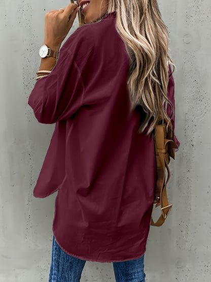 Effortless Utility Pocket Blouse for Women with Collar Long Sleeve Relaxed Curved Hem Style