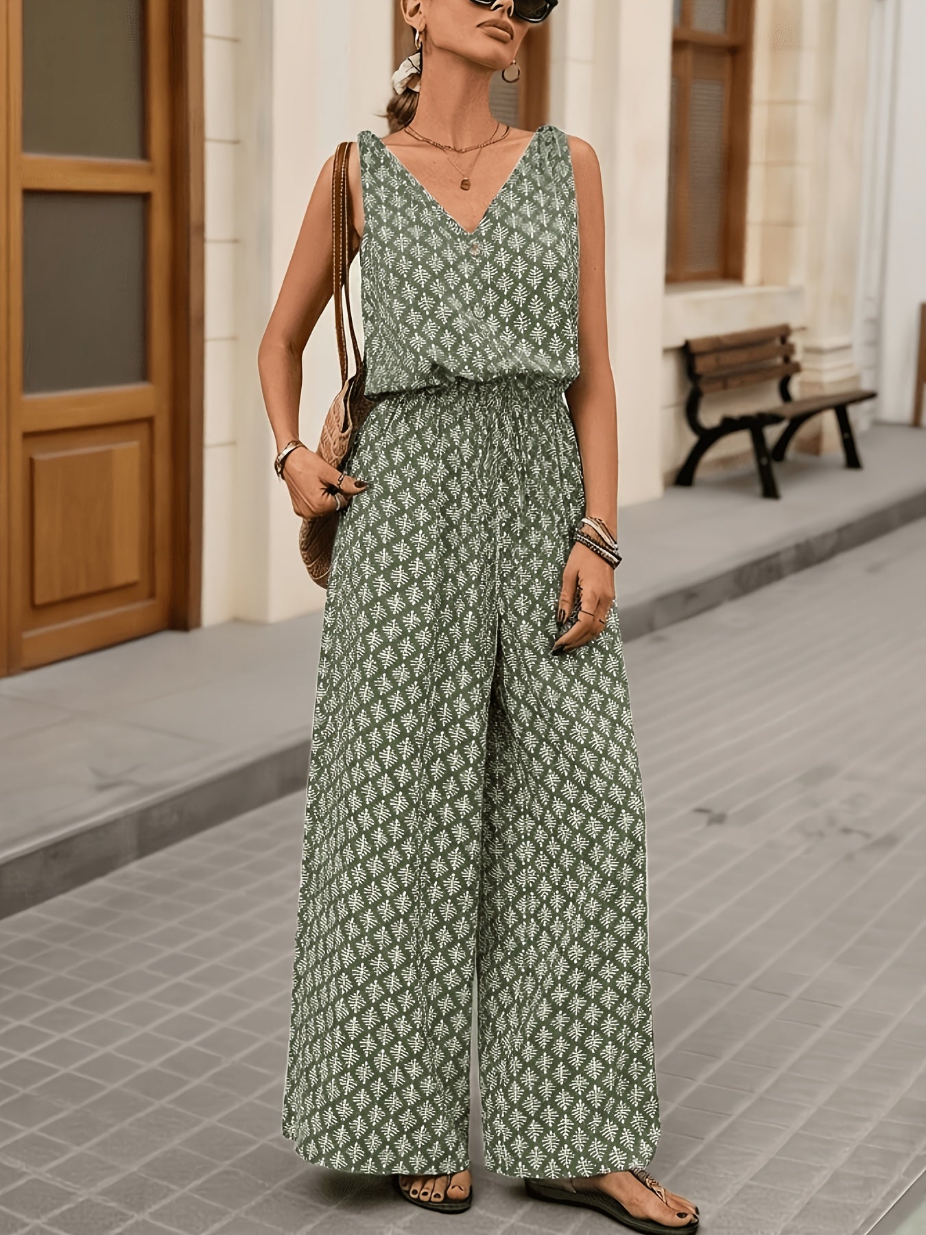 Women's Casual Wide-Leg Jumpsuit, Printed Sleeveless V-Neck Long Jumpsuit with Pockets and Buttons, Summer Jumpsuit, Women's Casual Jumpsuit, Sleeveless Jumpsuit, Women's Jumpsuit, Green, Apricot, Women's Jumpsuit