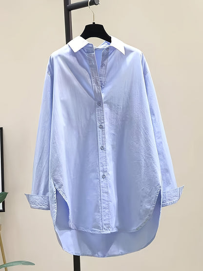 Effortless Cotton Blouse for Women with Point Collar Long Sleeve High Low Oversized Style