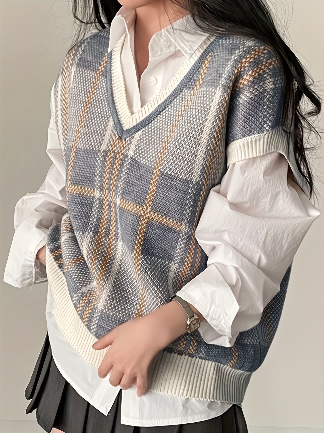 Comfortable Plaid Sweater Vest for Women with V Neck Sleeveless Ribbed Trim Oversized Knit Style