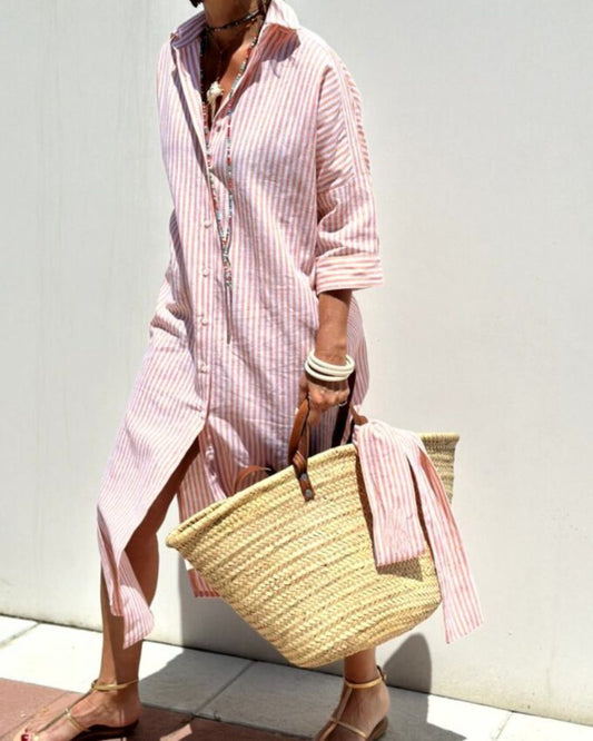 Effortless Striped Linen Shirt Dress for Women with Collar Elbow Sleeve Button Front Relaxed Maxi Style
