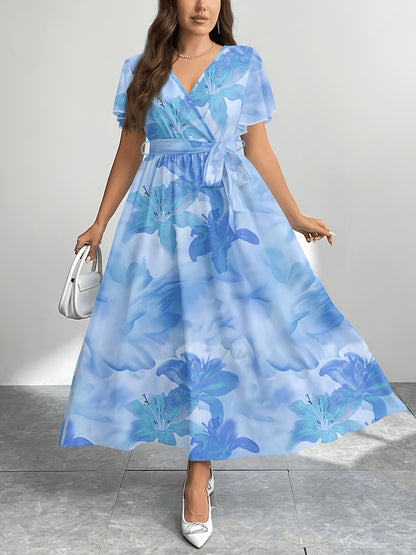 Plus Size - Plus Size - Plus Size Women'S Summer Printed Round Neck Short Sleeve Raglan Long Dress, Christmas Women'S Long Set
