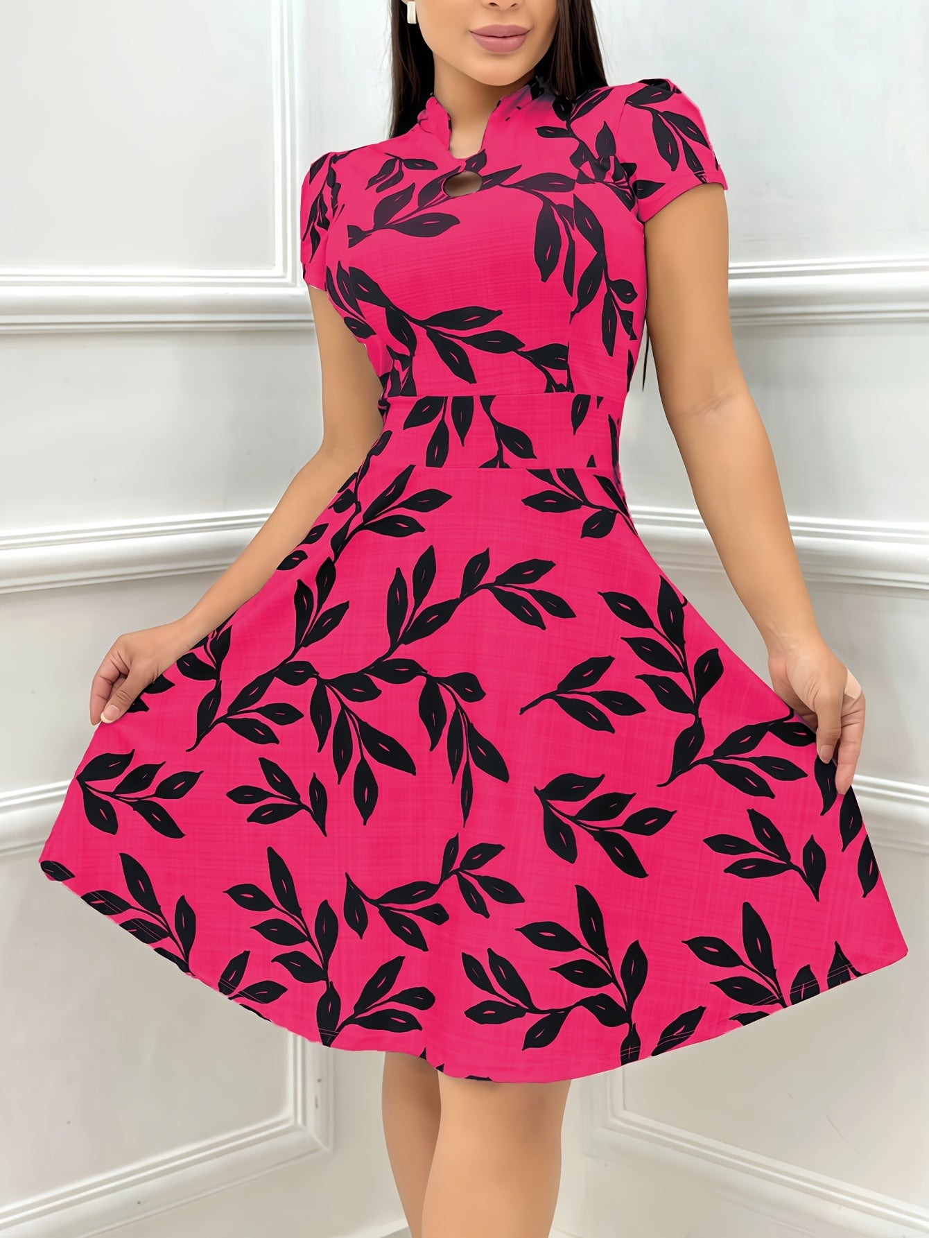 Elegant Leaf Print Fit and Flare Dress for Women with Keyhole Mock Neck Cap Sleeve Flowing Style