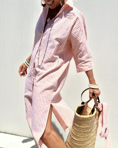 Effortless Striped Linen Shirt Dress for Women with Collar Elbow Sleeve Button Front Relaxed Maxi Style