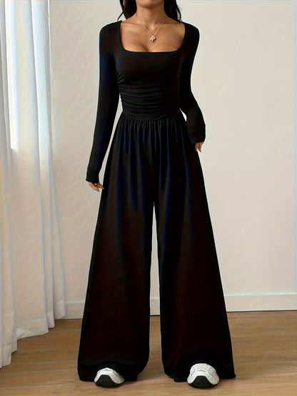 Women's Classic Casual Solid Color Square Neck Long Sleeve Jumpsuit