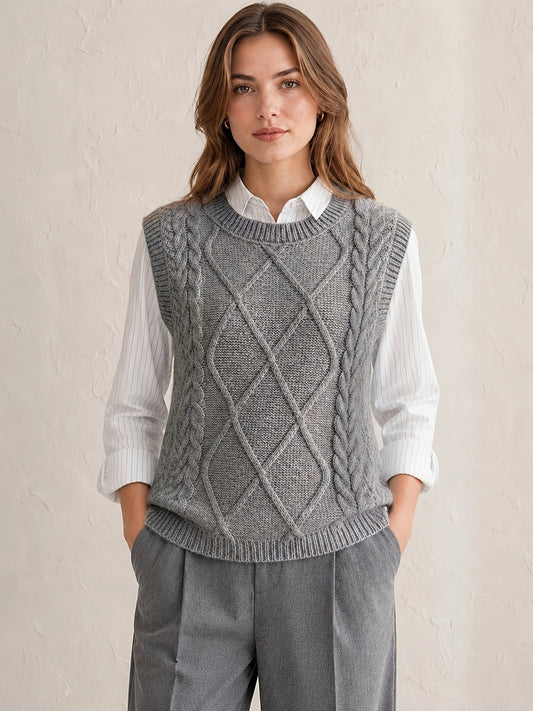 Comfortable Cable Knit Sweater Vest for Women with Crew Neck Sleeveless Relaxed Preppy Style