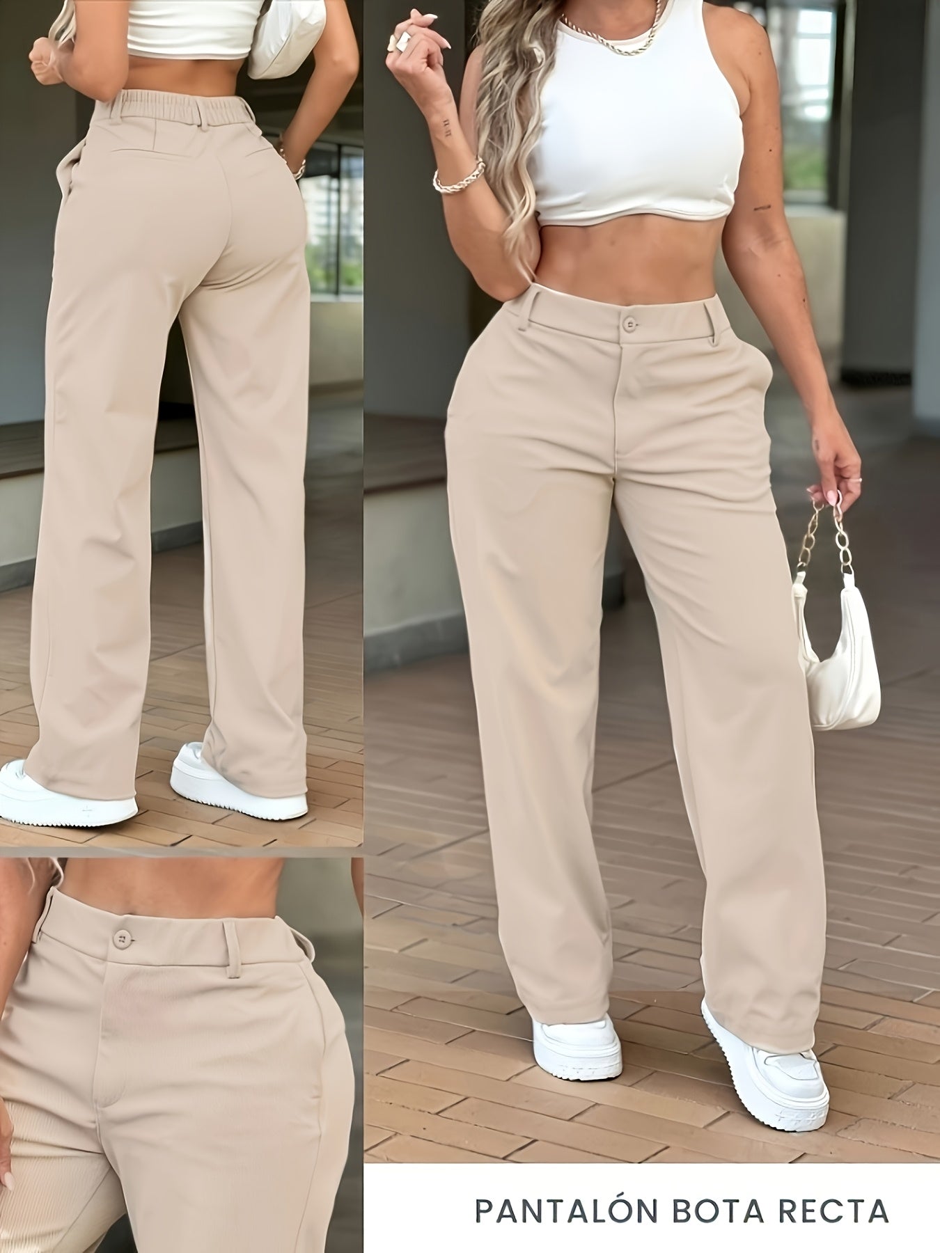 Effortless Khaki Wide Leg Pants for Women with High Waist Button Front Tailored Relaxed Style