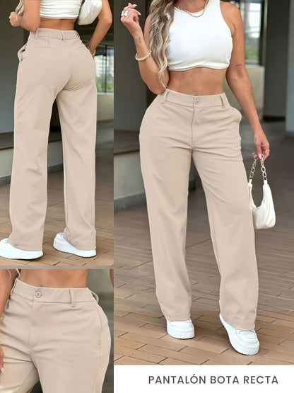 Effortless Khaki Wide Leg Pants for Women with High Waist Button Front Tailored Relaxed Style