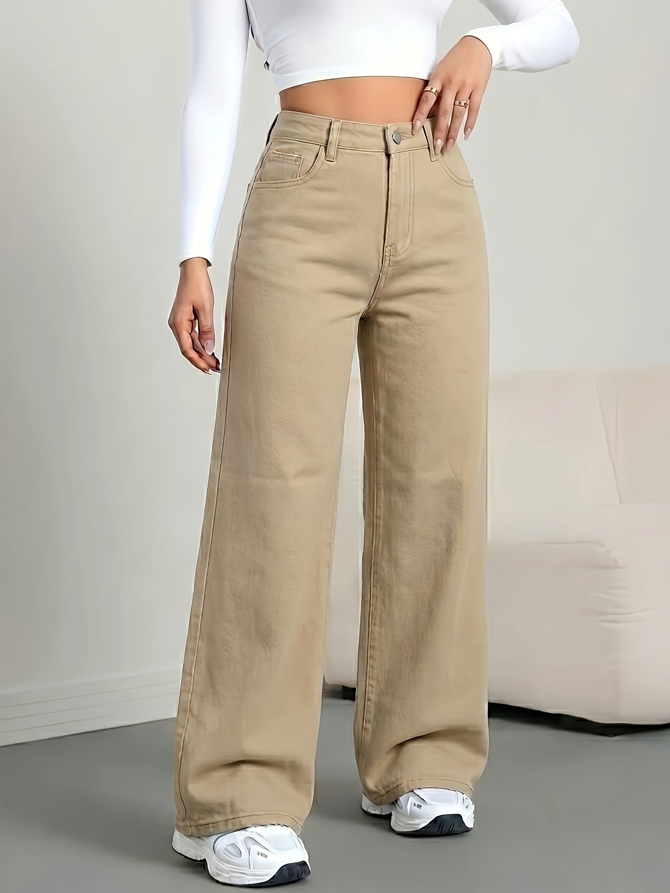 Effortless Khaki Wide Leg Jeans for Women with High Waist Button Front Relaxed Casual Style