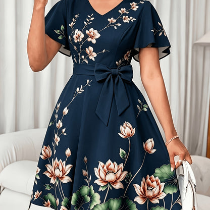 V-Neck Dress, Elegant Floral Print Short Sleeve, Waist-Cinching A-Line Midi Dress, Versatile Women's Wear for Commuting, Parties, and Daily Wear