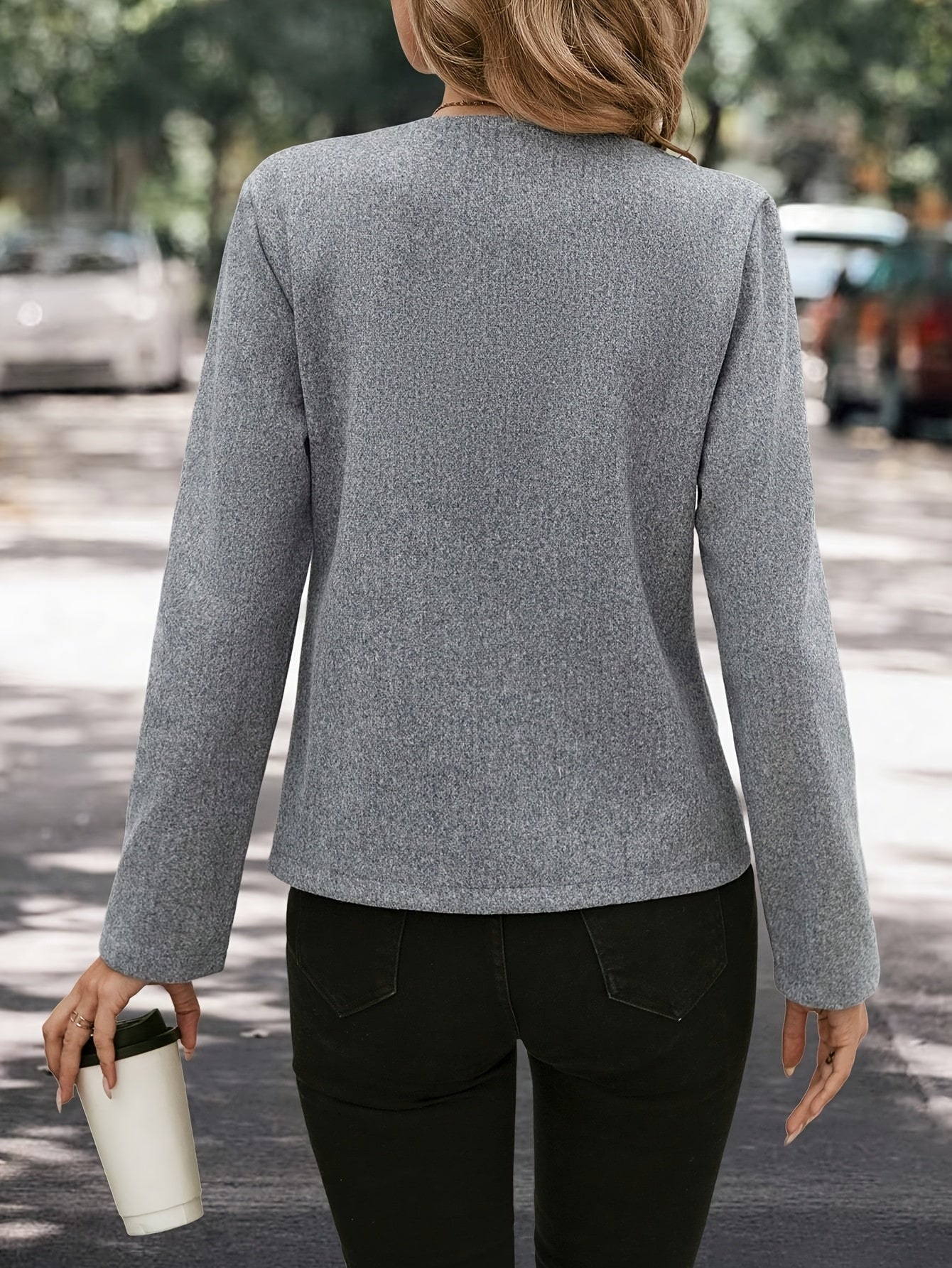 Elegant Grey Collarless Jacket for Women with Round Neck Long Sleeve Button Front Tailored Style