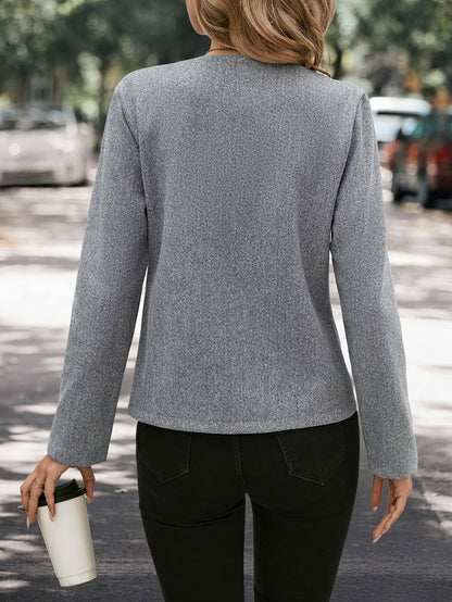 Elegant Grey Collarless Jacket for Women with Round Neck Long Sleeve Button Front Tailored Style