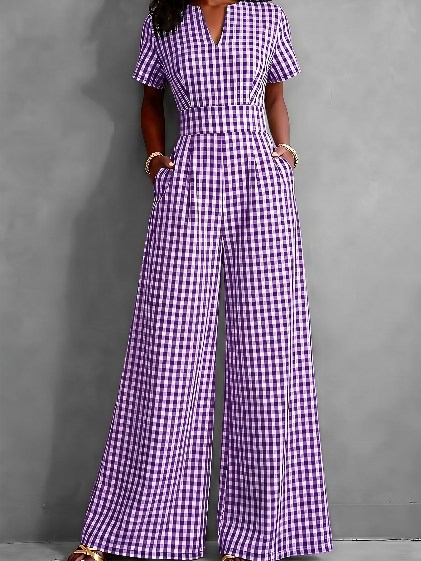 2026 Spring Summer New Plaid V-Neck Short Sleeve Jumpsuit Women'S High-Waist Wide-Leg Straight Long Pants, Women'S Commute Casual Two-Wear Jumpsuit, High-Waist Waist-Cinching Design with Flowing Wide-Leg Trousers