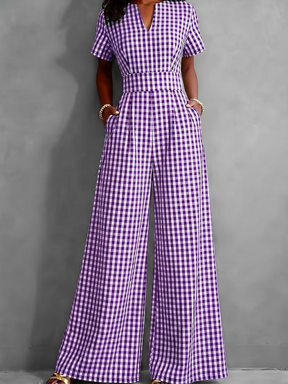 2026 Spring Summer New Plaid V-Neck Short Sleeve Jumpsuit Women'S High-Waist Wide-Leg Straight Long Pants, Women'S Commute Casual Two-Wear Jumpsuit, High-Waist Waist-Cinching Design with Flowing Wide-Leg Trousers