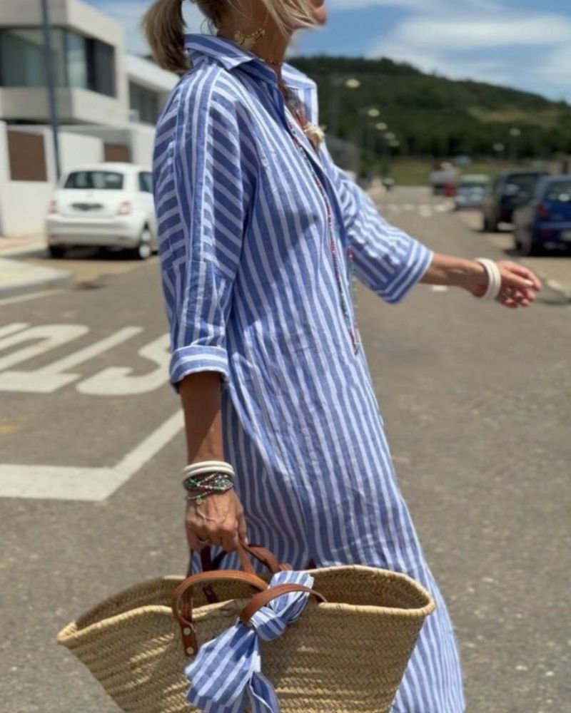 Effortless Striped Linen Shirt Dress for Women with Collar Elbow Sleeve Button Front Relaxed Maxi Style