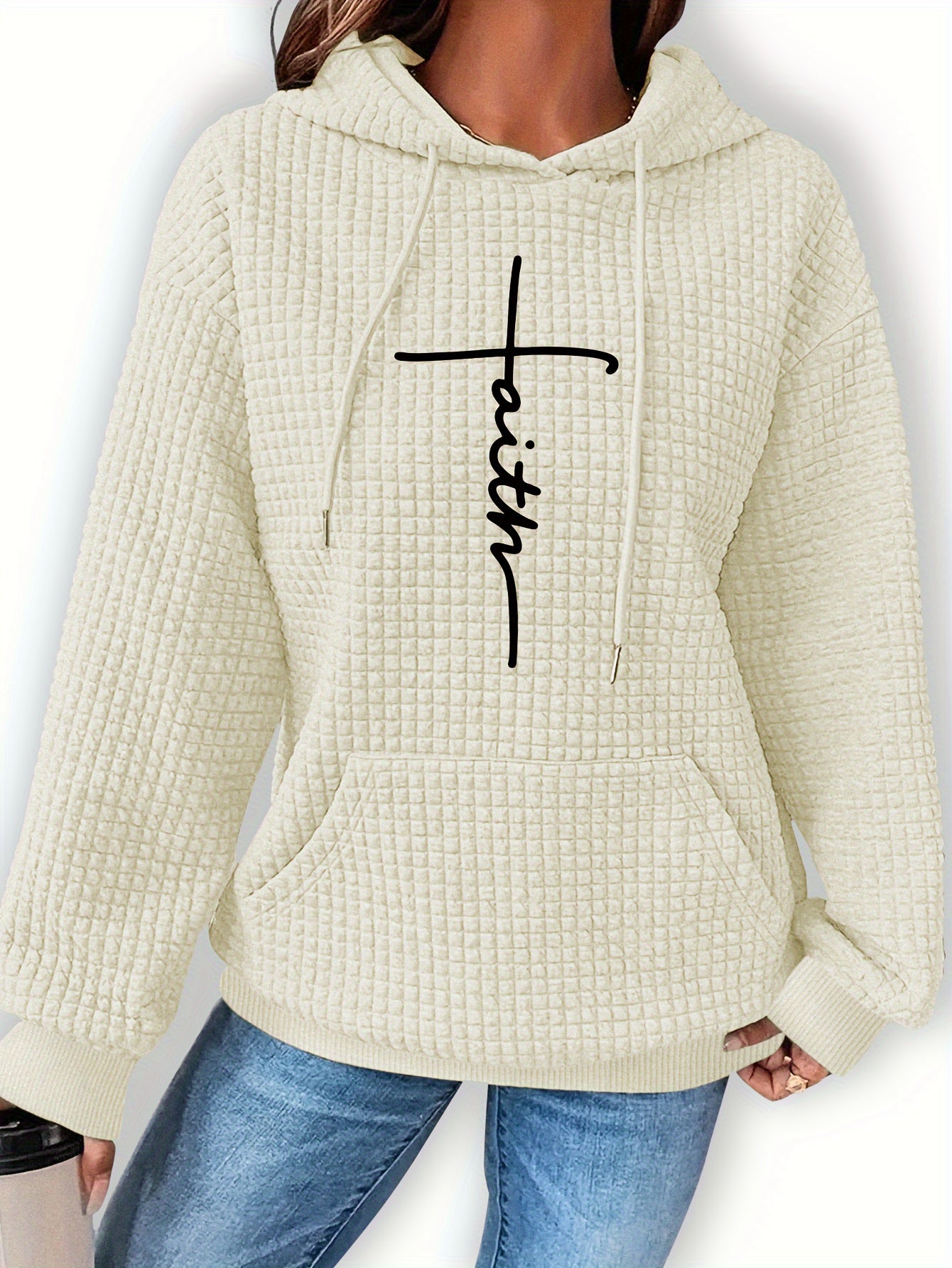 Comfortable Waffle Knit Graphic Hoodie for Women with Drawstring Hood Long Sleeve Oversized Relaxed Style