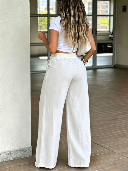 Effortless Wide Leg Pants for Women with High Waist Pleated Button Tab Relaxed Casual Style