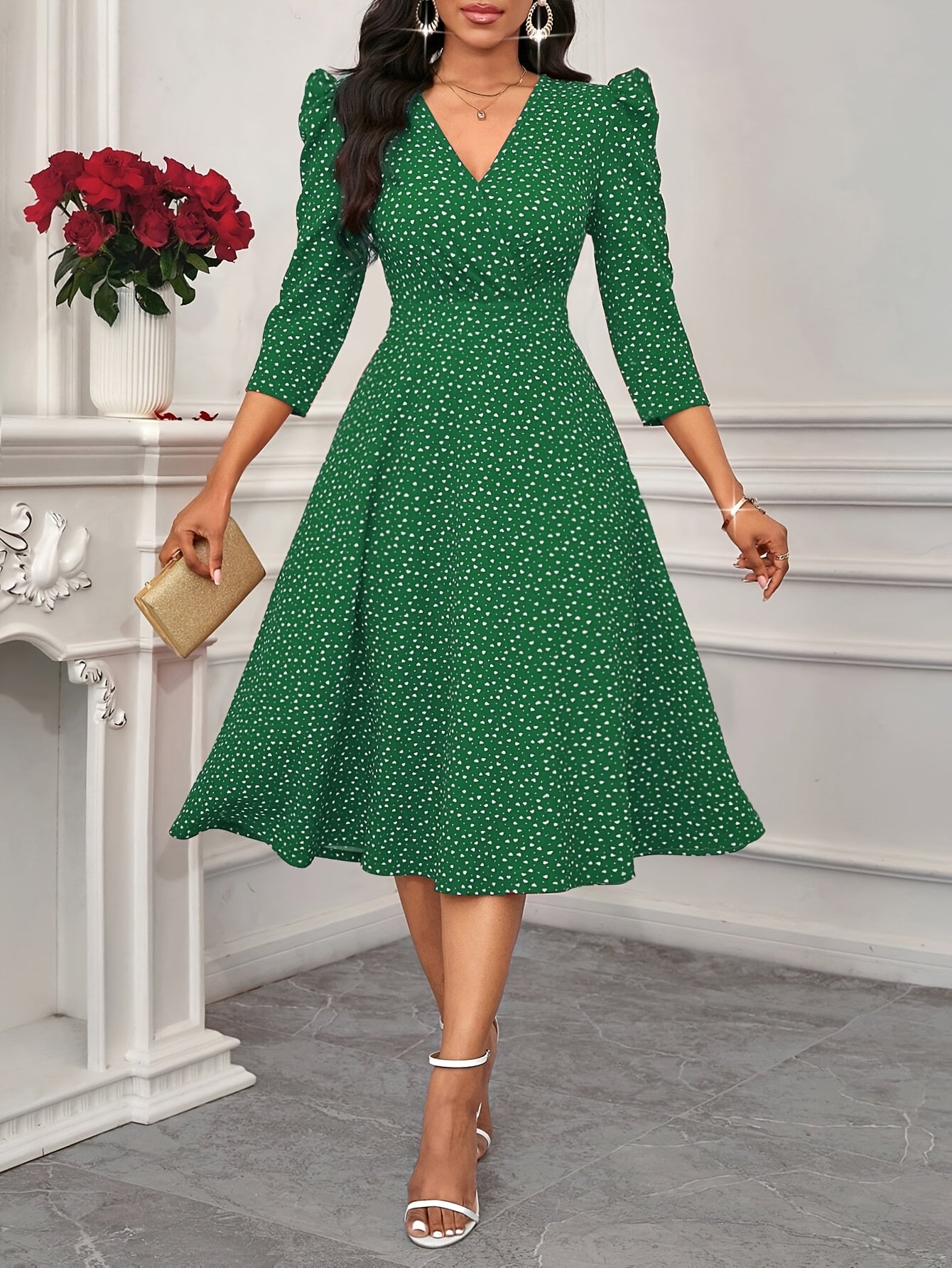 Elegant Green Polka Dot Midi Dress for Women with V Neck Elbow Sleeve Fit and Flare Wedding Guest Style