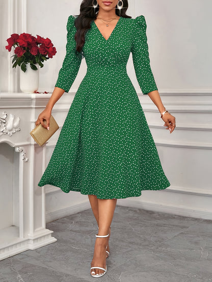 Elegant Green Polka Dot Midi Dress for Women with V Neck Elbow Sleeve Fit and Flare Wedding Guest Style