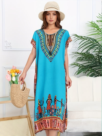 Effortless Tribal Print Kaftan Dress for Women with V Neck Short Sleeve Flowing Bohemian Style