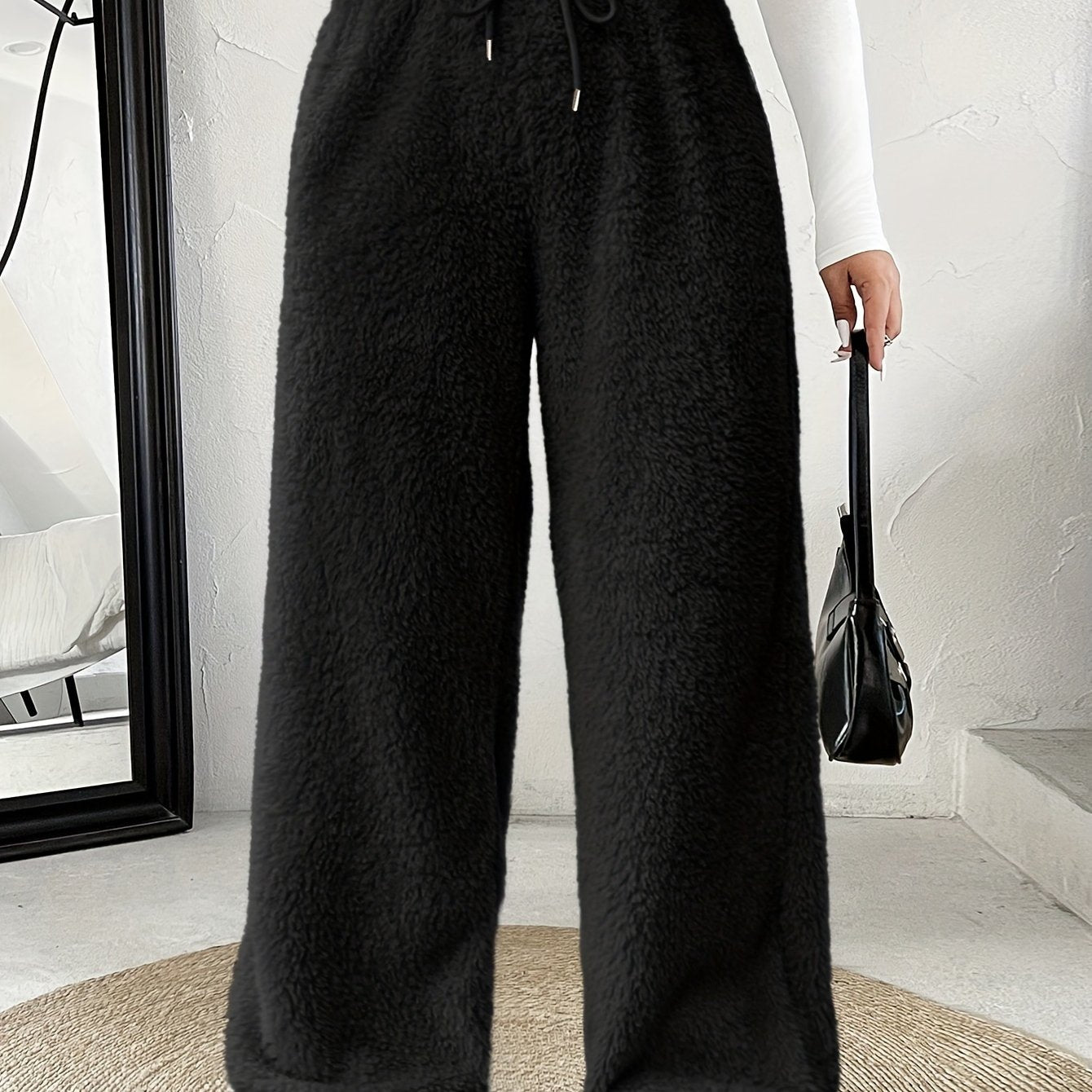 Plus Size -Adult Plus Size Clothing Autumn Winter Casual Reversible Plush Thick Warm Waistband Drawstring Loose Drape Wide Leg Pants