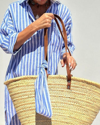 Effortless Striped Linen Shirt Dress for Women with Collar Elbow Sleeve Button Front Relaxed Maxi Style